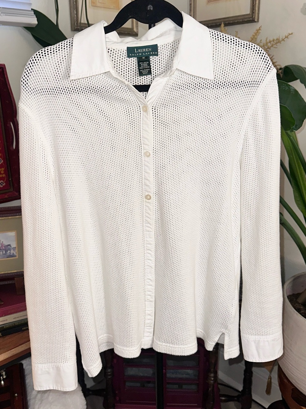 ✨ Lauren Ralph Lauren White Mesh Open-Weave Button-Down Shirt ✨